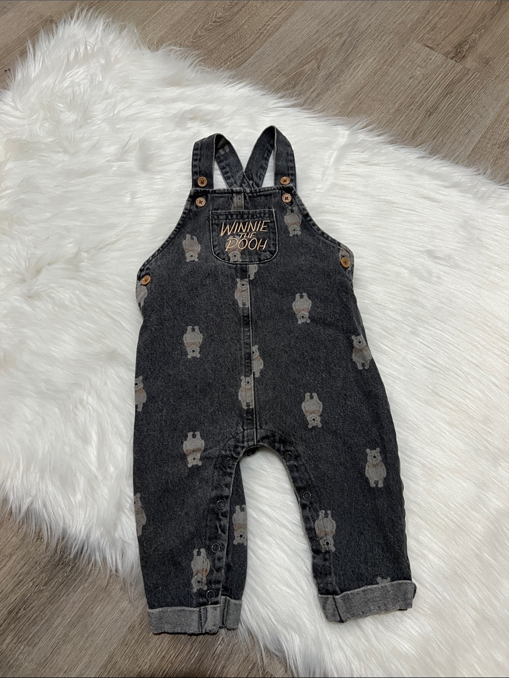 Disney Winnie the Pooh Black Denim Overalls size 12 months